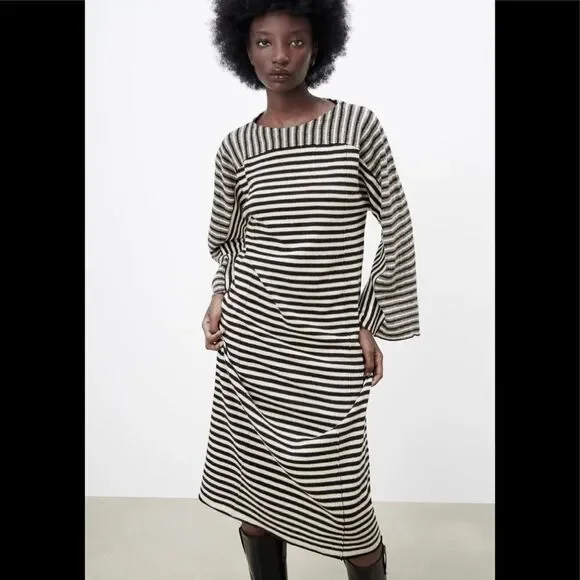 Zara Black And White Knit Dress NEW ZARA Black White Striped 100